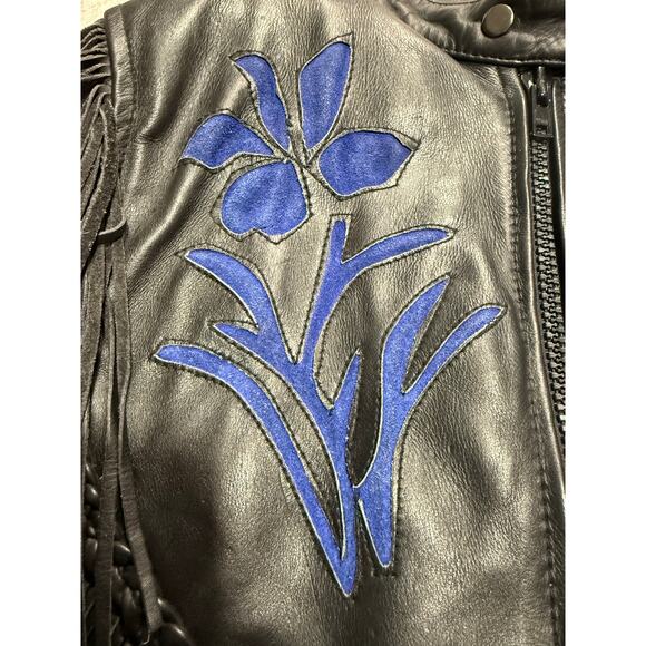 VTG Barneys Motorcycle Jacket Leather Fringe Blue Floral Womens Small Black 90s - Picture 8 of 11